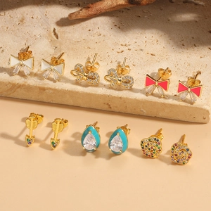 Vintage Copper Zirconia Stud Earrings For Women Personality Bowknot Floral Arrow Water Drop Enamel Fashion Jewelry Accessories