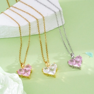 18K gold and silver plated necklaces with pink and clear heart-shaped stone pendants