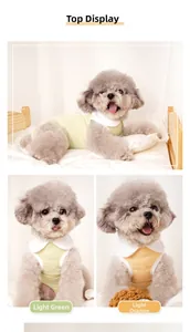 Detail of breathable dog vests in light green and orange with soft cotton fabric