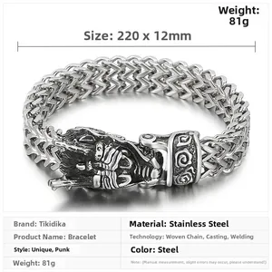 Detailed view of the dragon clasp and dimensions for the men's stainless steel bracelet