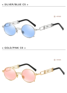 Macro side view of steampunk metal sunglasses in silver blue and gold pink colors
