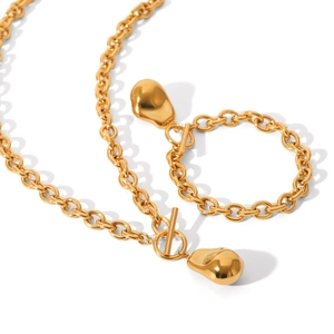 Polished gold stainless steel OT buckle chain jewelry set with irregular lava pendant