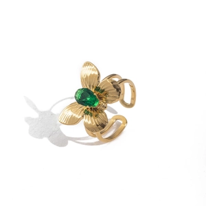 18K gold plated butterfly ring with green gemstone on a clean white background