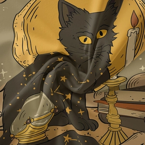 Detail showing high-quality fabric texture and mysterious black cat magic illustration