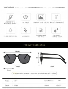 Detailed size chart for square sunglasses with PC frame measurements and UV400 features