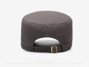 Detail view of cotton military cap back with adjustable copper buckle and gray stitching