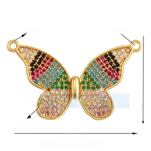 Macro view of a gold-plated butterfly pendant with multicolor zircons and 33x20mm dimensions