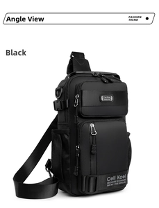 Close-up of black nylon crossbody bag featuring durable zipper pockets and side mesh pockets