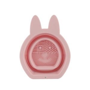 Pink rabbit-shaped silicone makeup brush cleaning bowl with folding design and textures