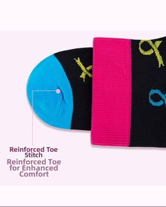 Detail of reinforced seamless toe stitching on colorful compression sports socks