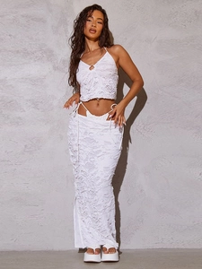 Haut Licou En Tricot Blanc Ajouré Et Jupe Maxi Avec Fente Latérale Femmes Bohemian Streetwear Sexy Taille Haute