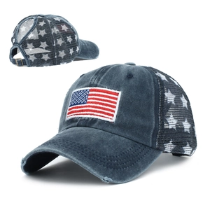 Washed navy ponytail baseball cap with US flag embroidery and breathable star mesh