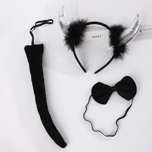 Three-piece Halloween devil set featuring silver sequined horns, bow tie and long tail