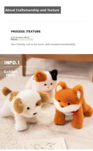 Detail of plush animal toys in skin-friendly soft golden mink velvet fabric