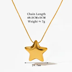 Detailed view of hollow star pendant necklace with dimensions 40.5cm chain and 7g weight