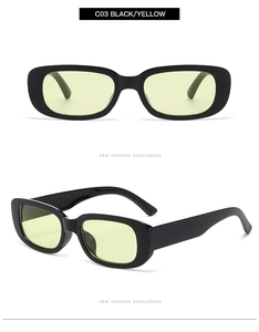 Front and side view of retro black rectangle sunglasses with yellow tinted lenses
