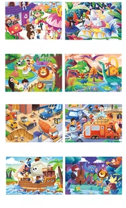 Detailed grid of 8 cartoon themes for children's wooden puzzles featuring animals and vehicles