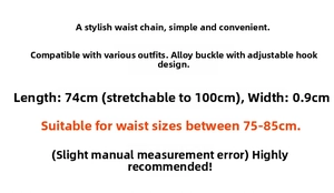 Size guide for gold metal elastic waist chain: 0.9cm width and 74-100cm stretch length