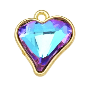 Detailed view of faceted heart pendant with blue-purple gradient crystal and gold trim