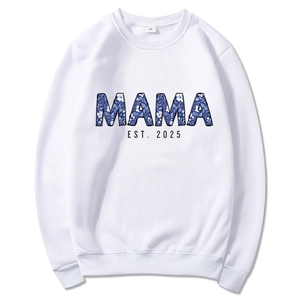 White Mama Est 2025 coquette hoodie with blue floral lettering on flat lay background