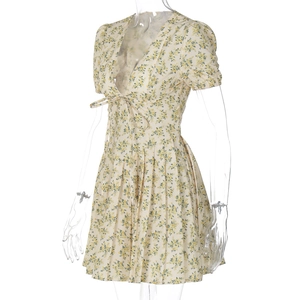 Vue détaillée d'une robe fleurie beige avec col en V, lacets à la taille et jupe plissée