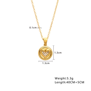 Golden stainless steel heart pendant necklace with rhinestones and detailed dimensions