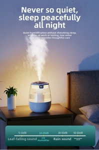 Detail view of J10 ultrasonic humidifier with digital LED display in quiet bedroom setting
