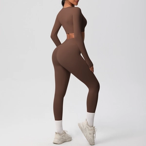 Side view of dark brown high-waisted yoga set showing professional athletic fit and seams