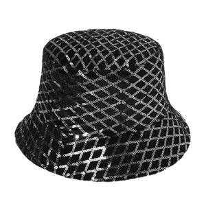 Detail of black sequined bucket hat featuring a silver glitter diamond pattern finish