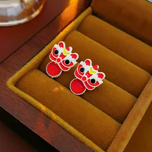 Traditional Chinese lion dance drop earrings with red enamel and lucky beads
