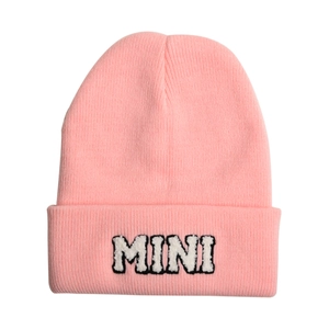 Pink knit beanie for kids with MINI embroidery and warm folded cuff design