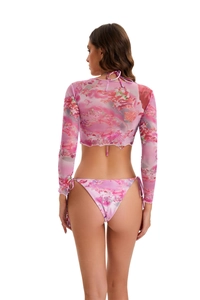 Back view of pink floral mesh long-sleeve cover-up and matching bikini bottoms