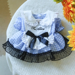 Robe de princesse pour chien à carreaux bleu et blanc avec col en dentelle et tulle