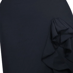Detail shot of vertical ruffle design and smooth fabric on the navy blue evening dress