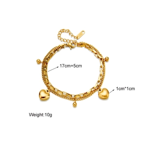 Double-layer gold stainless steel heart pendant chain bracelet with size measurements