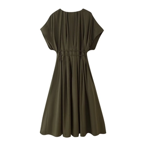 Army green V-neck pleated waist dress with mid-length cut and woven texture