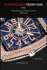 Macro shot of full diamond barrel watch case with blue dial and rose gold markers