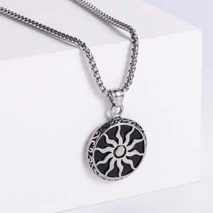 Retro punk stainless steel sun pendant necklace with black oil finish on chain