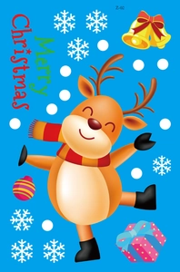 Detail of Christmas window stickers with cartoon reindeer, bells and Merry Christmas text