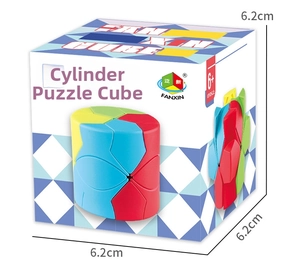Detail view of colorful cylinder magic cube toy with original color box packaging
