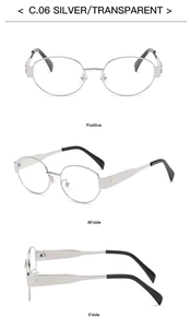 Three-way view of silver metal oval eyeglass frames with transparent lenses