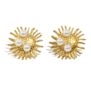 Vintage 18K gold plated stainless steel sunburst earrings with inlaid white pearls