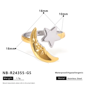 Detail view of 18K gold plated stainless steel star and moon ring with dimension markers