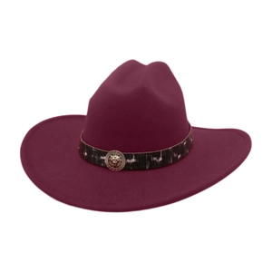 Detailed view of the wine red felt fedora featuring a golden lion head emblem buckle