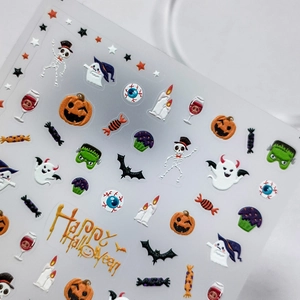 Stickers ongles 5D Halloween avec motifs de citrouilles, fantômes et chauves-souris