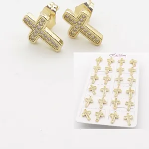 18k gold plated copper cross stud earrings set with white zircon stones on display card