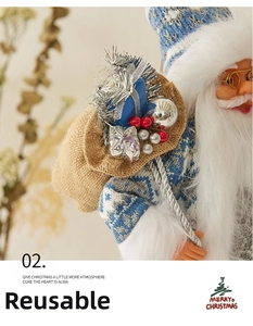 Détail du Père Noël en pull bleu tricoté avec sac de cadeaux pour décor de Noël