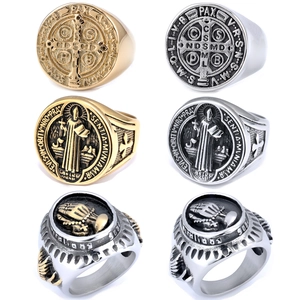 Vintage Religious St Benedict Medal Signet Ring For Men Stainless Steel Praying Hands Rosary Punk Style Antique Finish