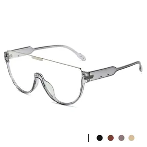 Oversized shield pilot sunglasses with light gray frame and top metal bar accent