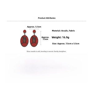 Detailed view of red oval woven acrylic earrings with silver needle measurement data
